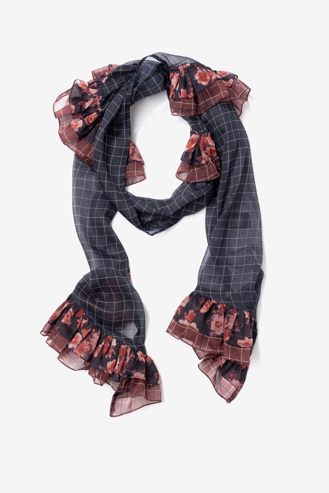 Blue Checked Scarf with Ruffles