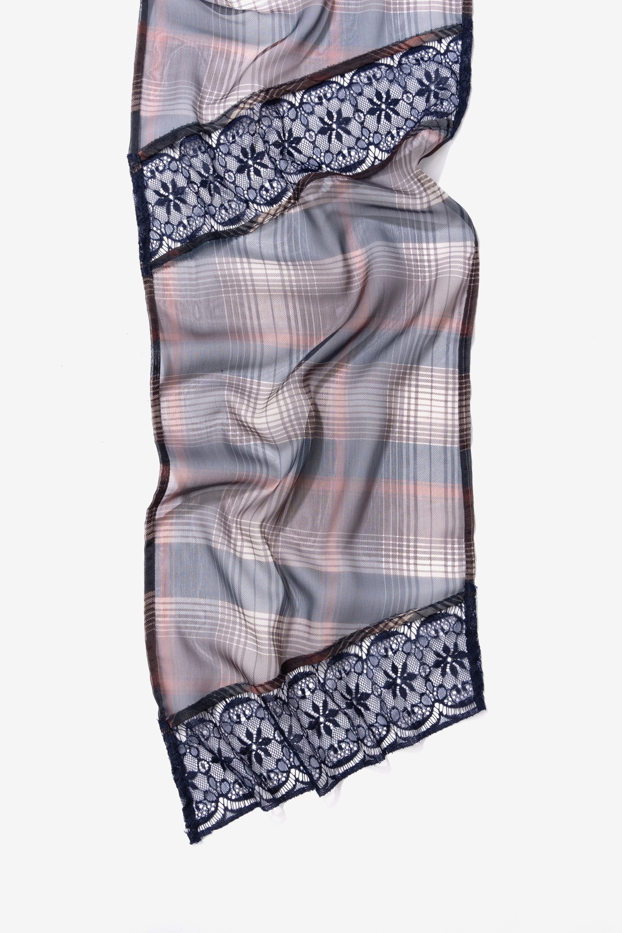 Blue Checked Scarf with Lace