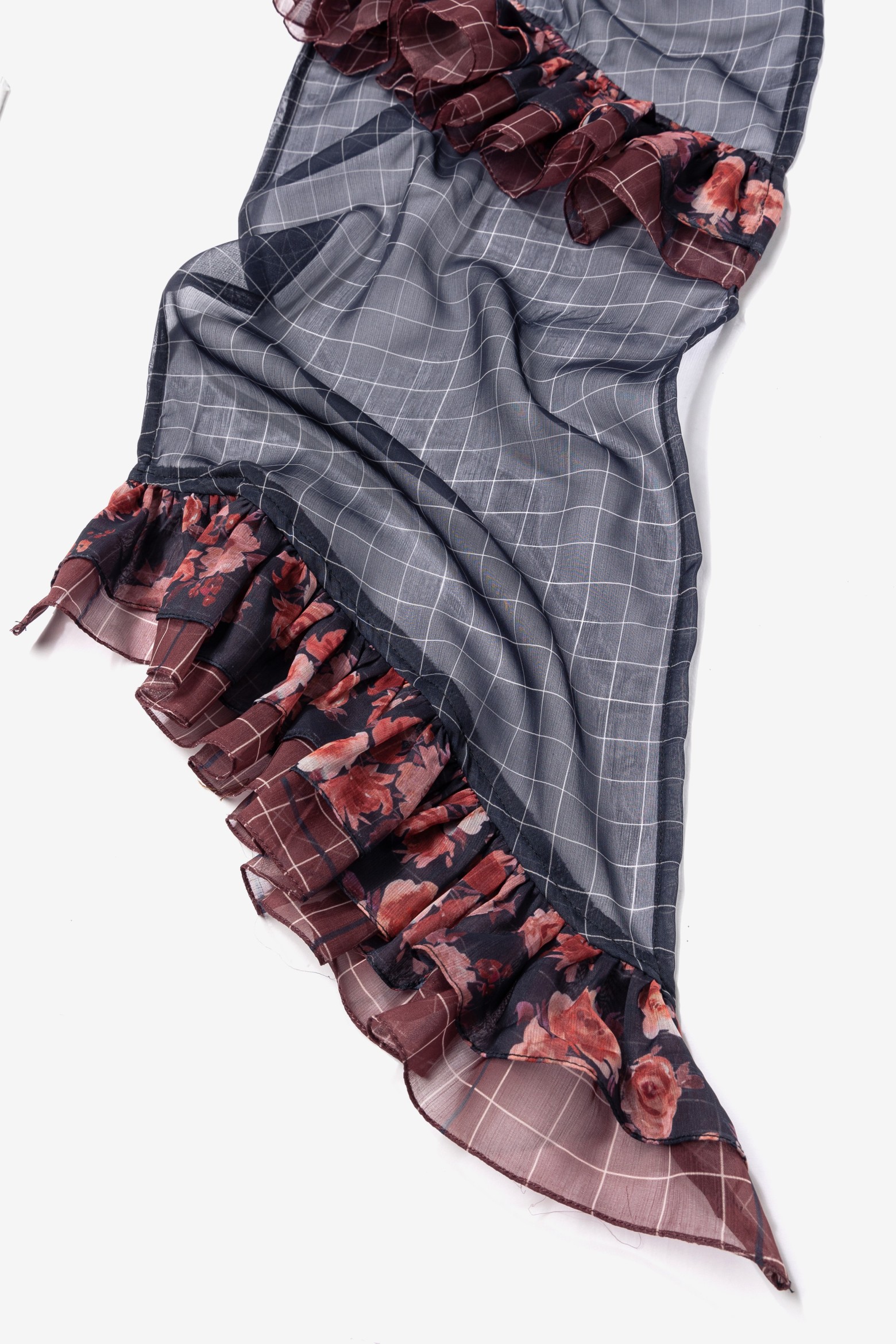 Blue Checked Scarf with Ruffles