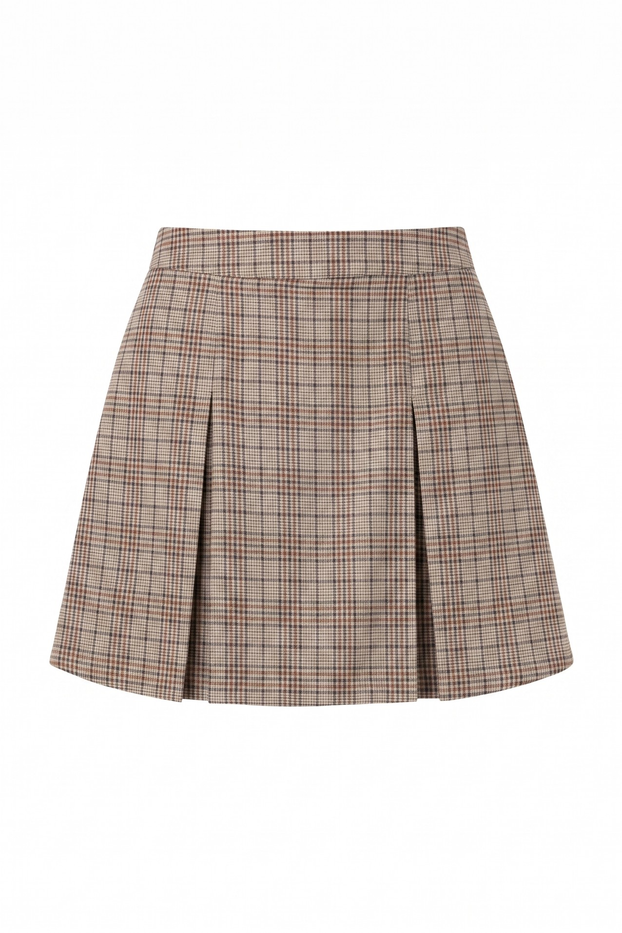 Beige Checked Pleated Skirt