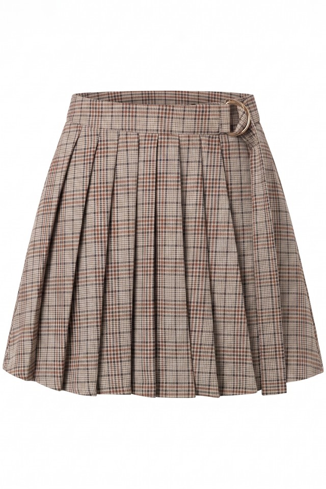 Beige Checked Pleated Skirt