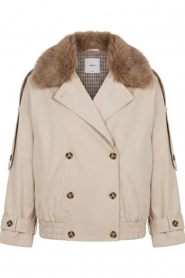 Beige relaxed fit fur collar coat Beige relaxed fit fur collar coat