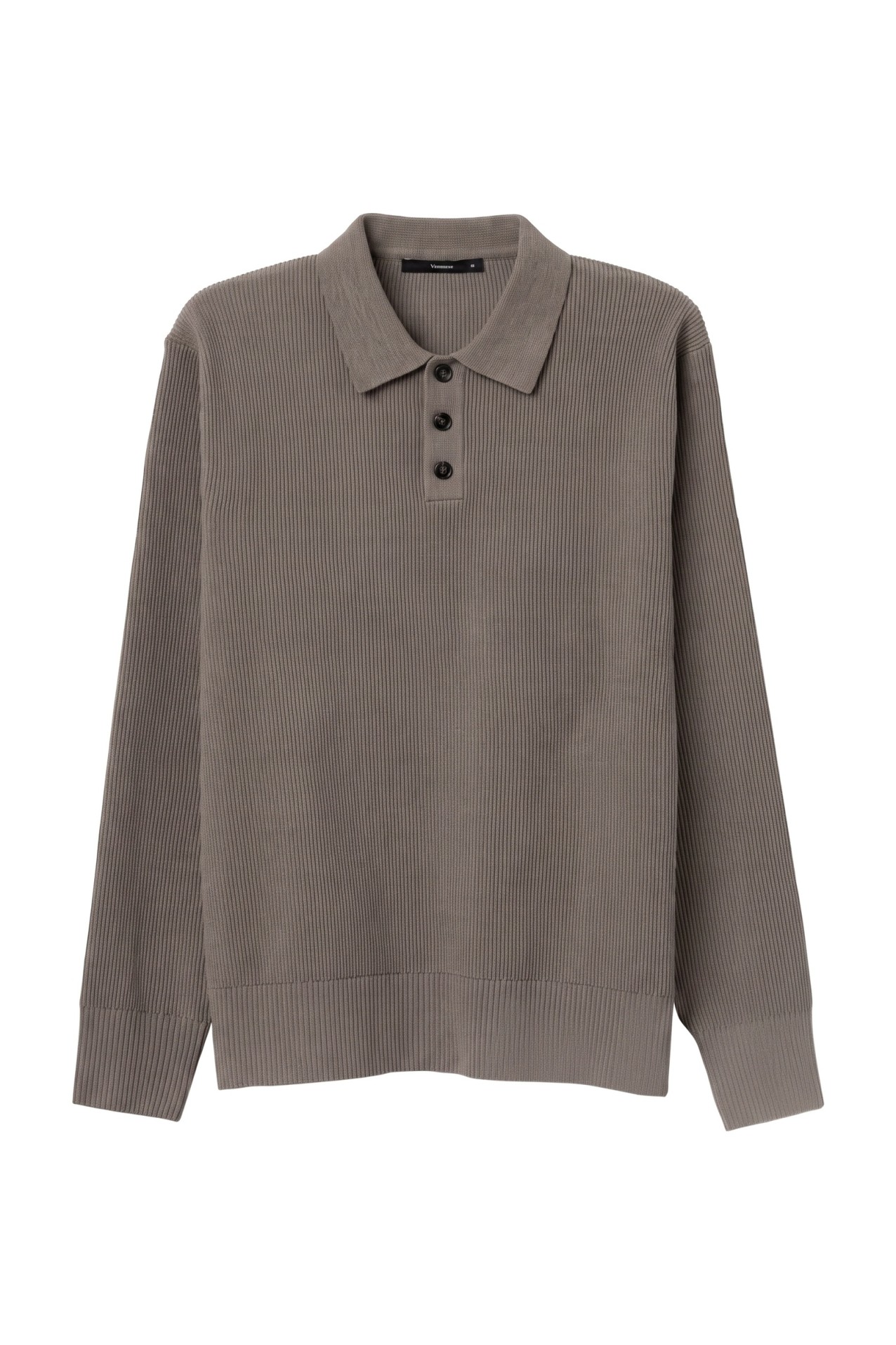 Brown Ribbed Knit Polo Sweater