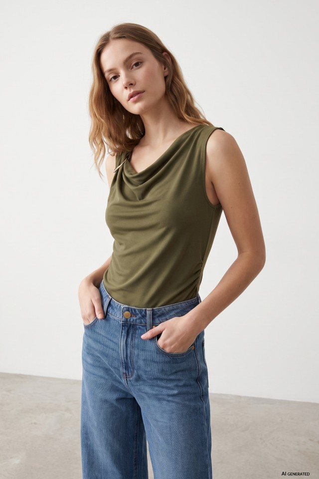 Green Cowl-Neck Slim T-shirt