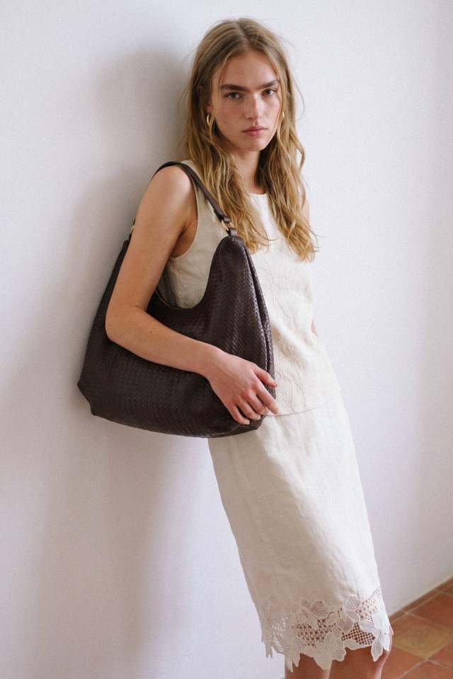 Brown Textured Woven Bag