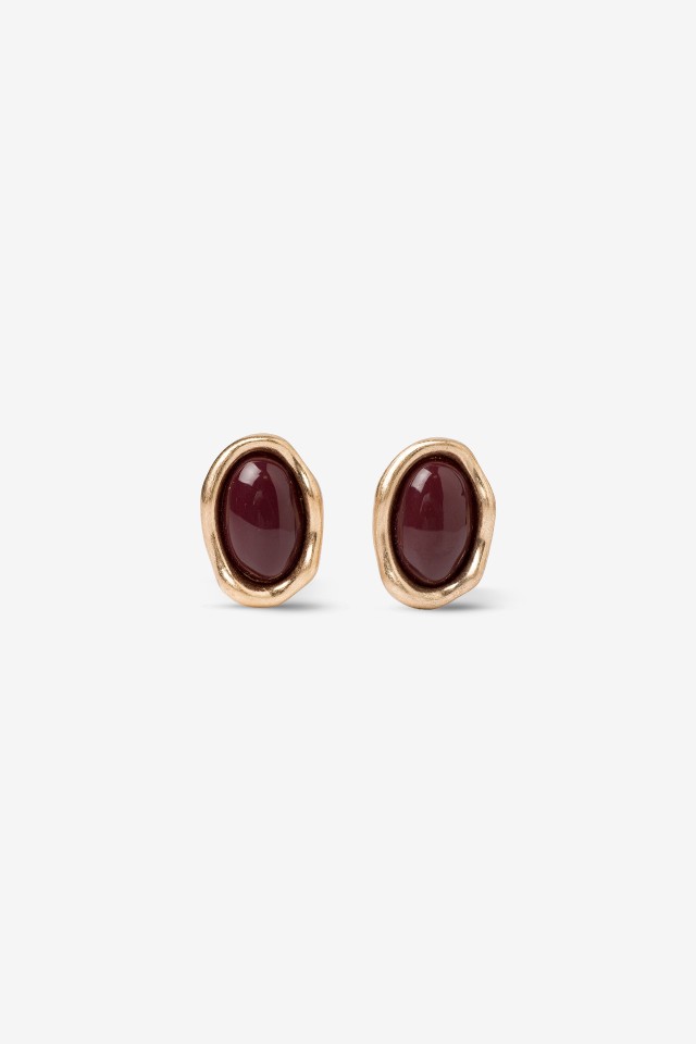 Oval Gold Earrings Wine Stone