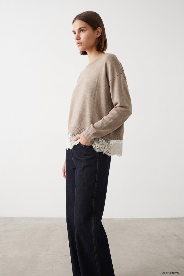 Beige Knit Sweater Lace Detail