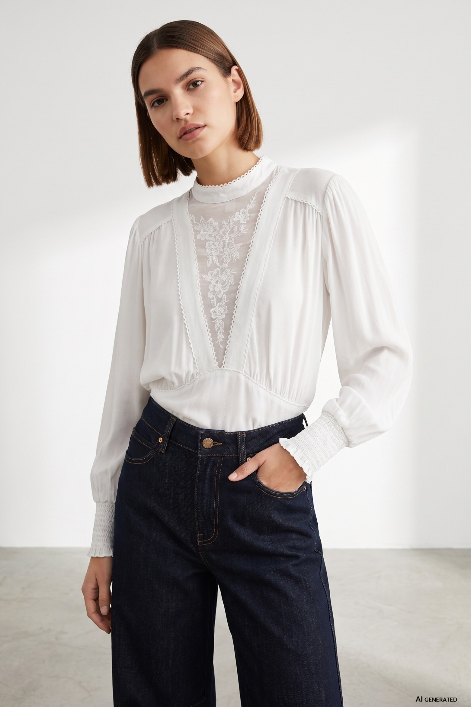Beige Lace Detail Blouse