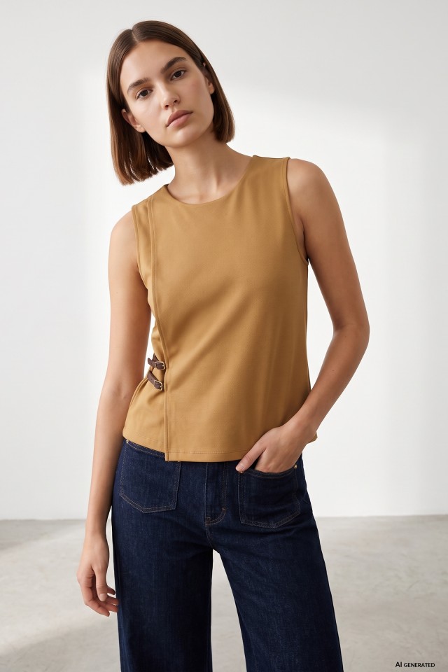 Brown sleeveless side-buckle tee