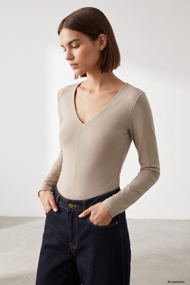 Beige Super-Slim V-Neck T-Shirt
