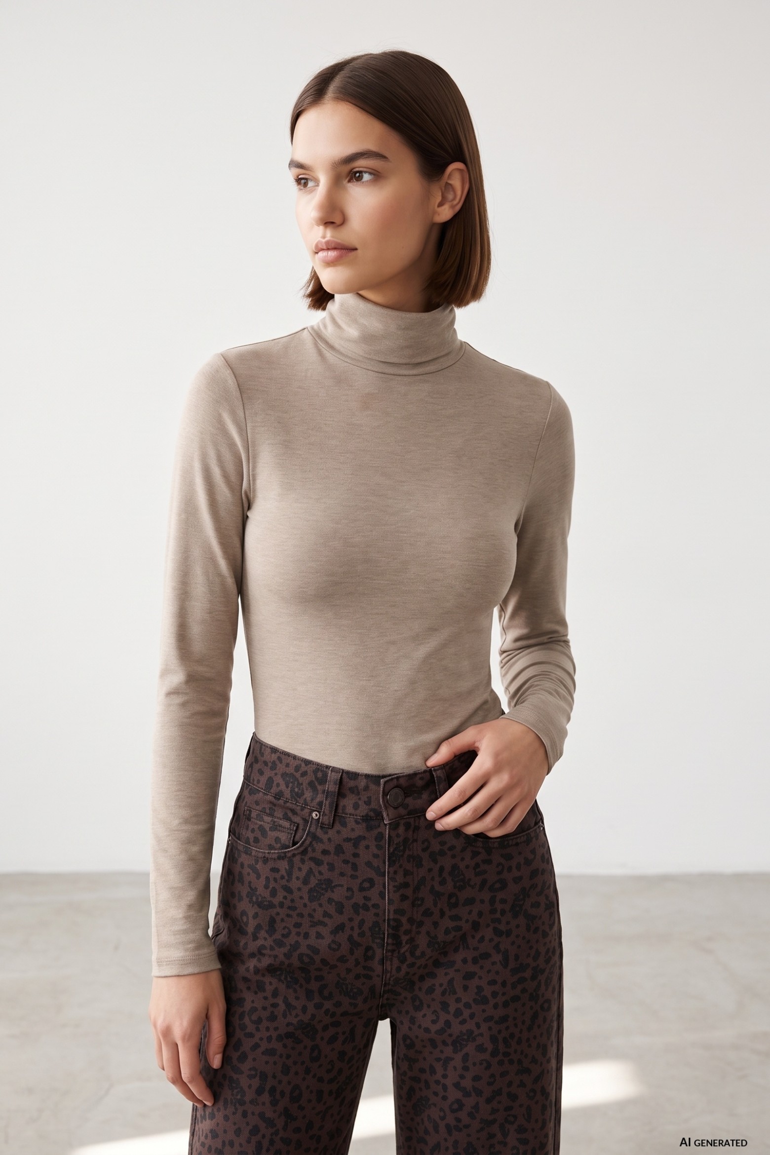 Beige Super Slim Turtleneck