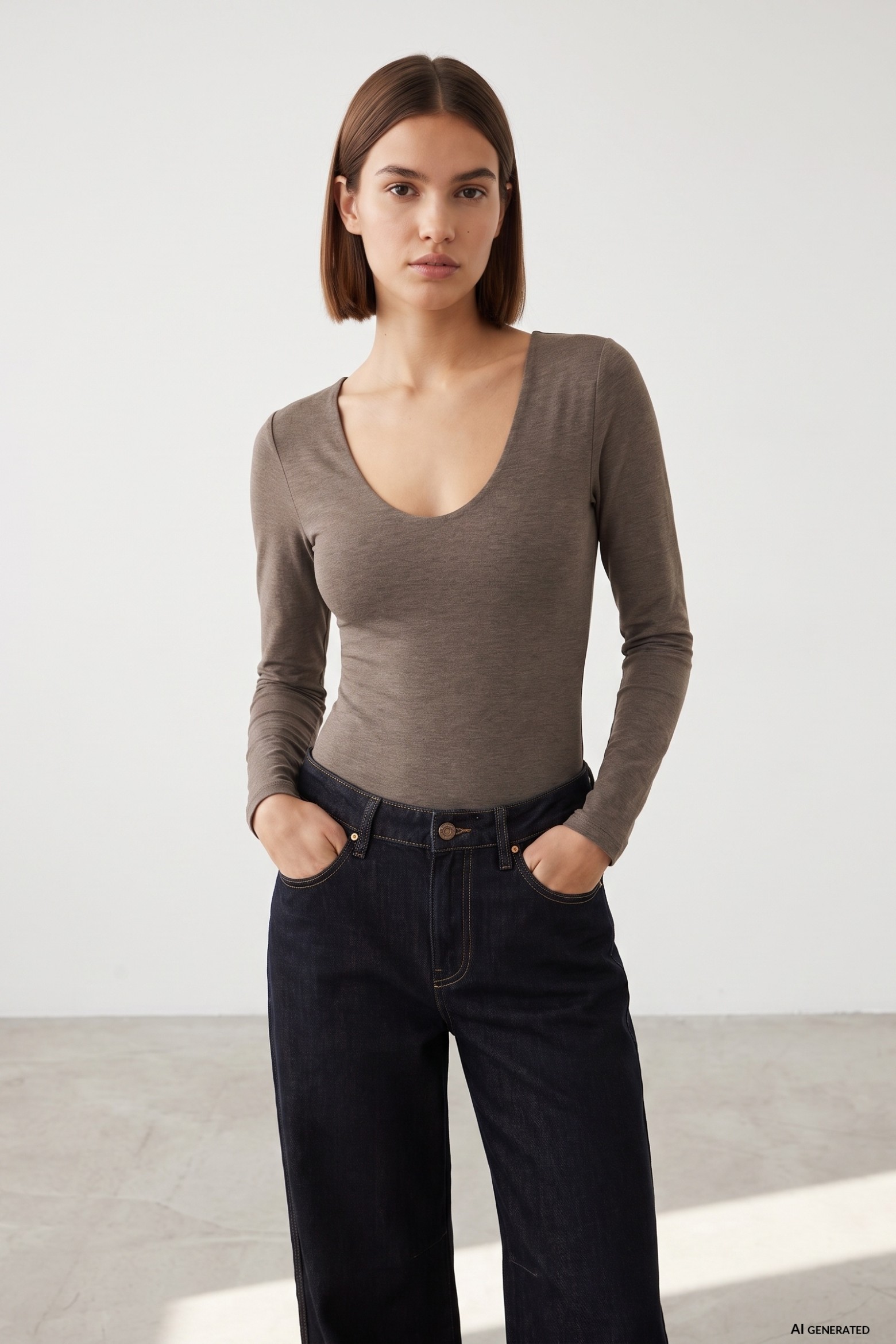 Light Beige Deep Neck Bodysuit