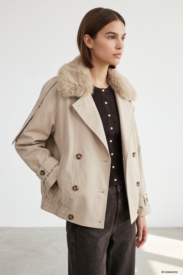 Beige relaxed fit fur collar coat Beige relaxed fit fur collar coat