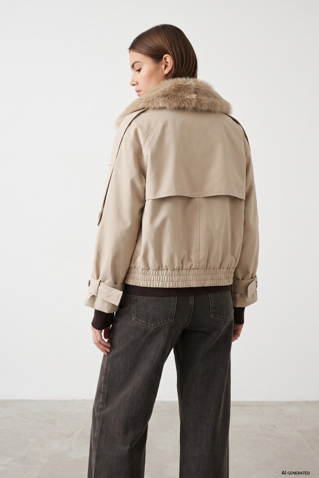 Beige relaxed fit fur collar coat Beige relaxed fit fur collar coat