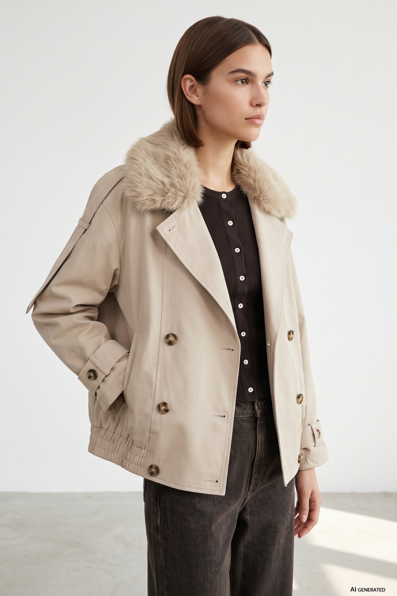 Beige relaxed fit fur collar coat