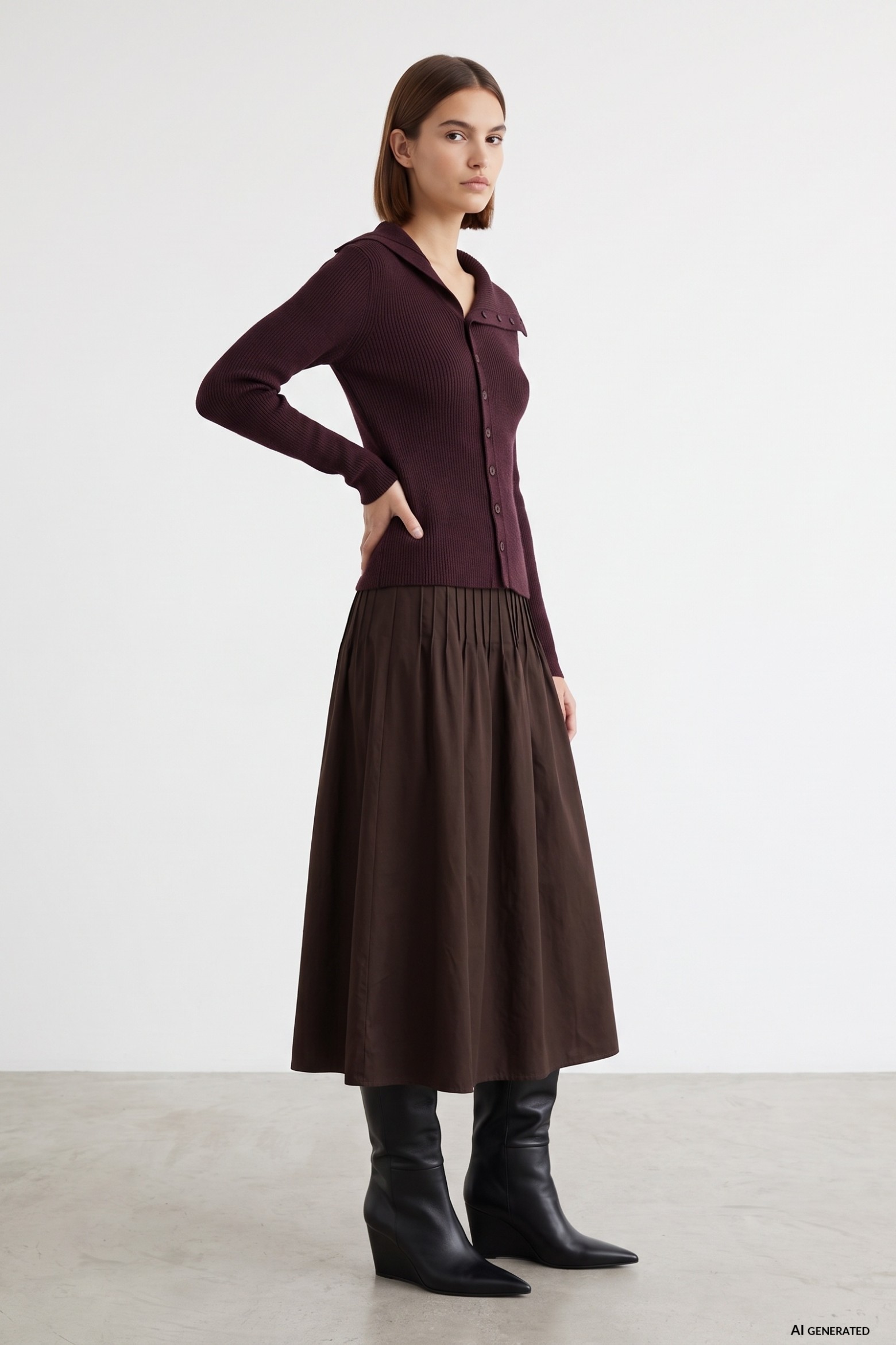 Falda marr�n plisada midi