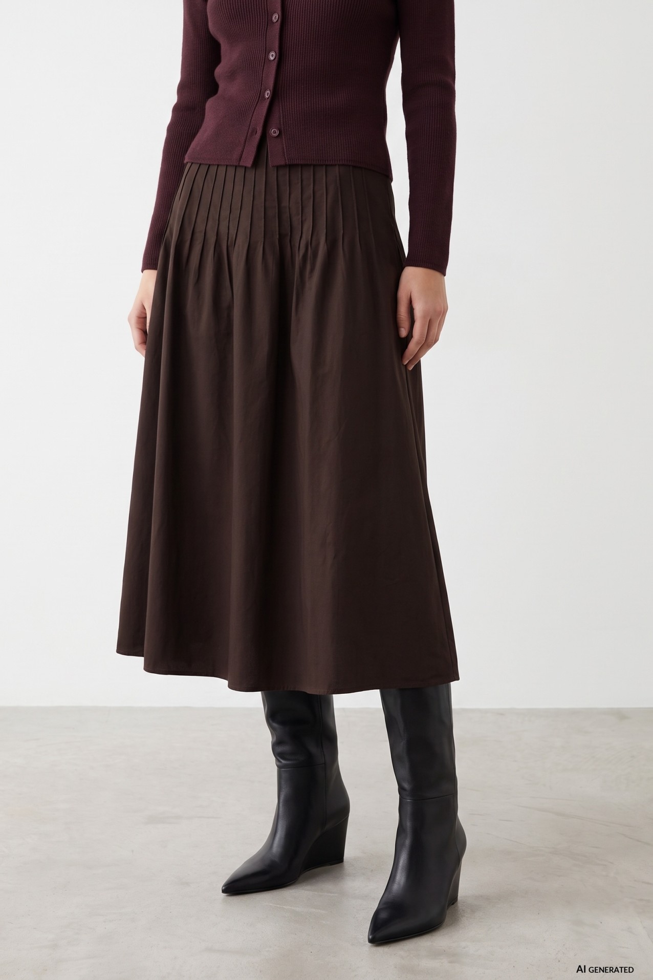 Falda marr�n plisada midi