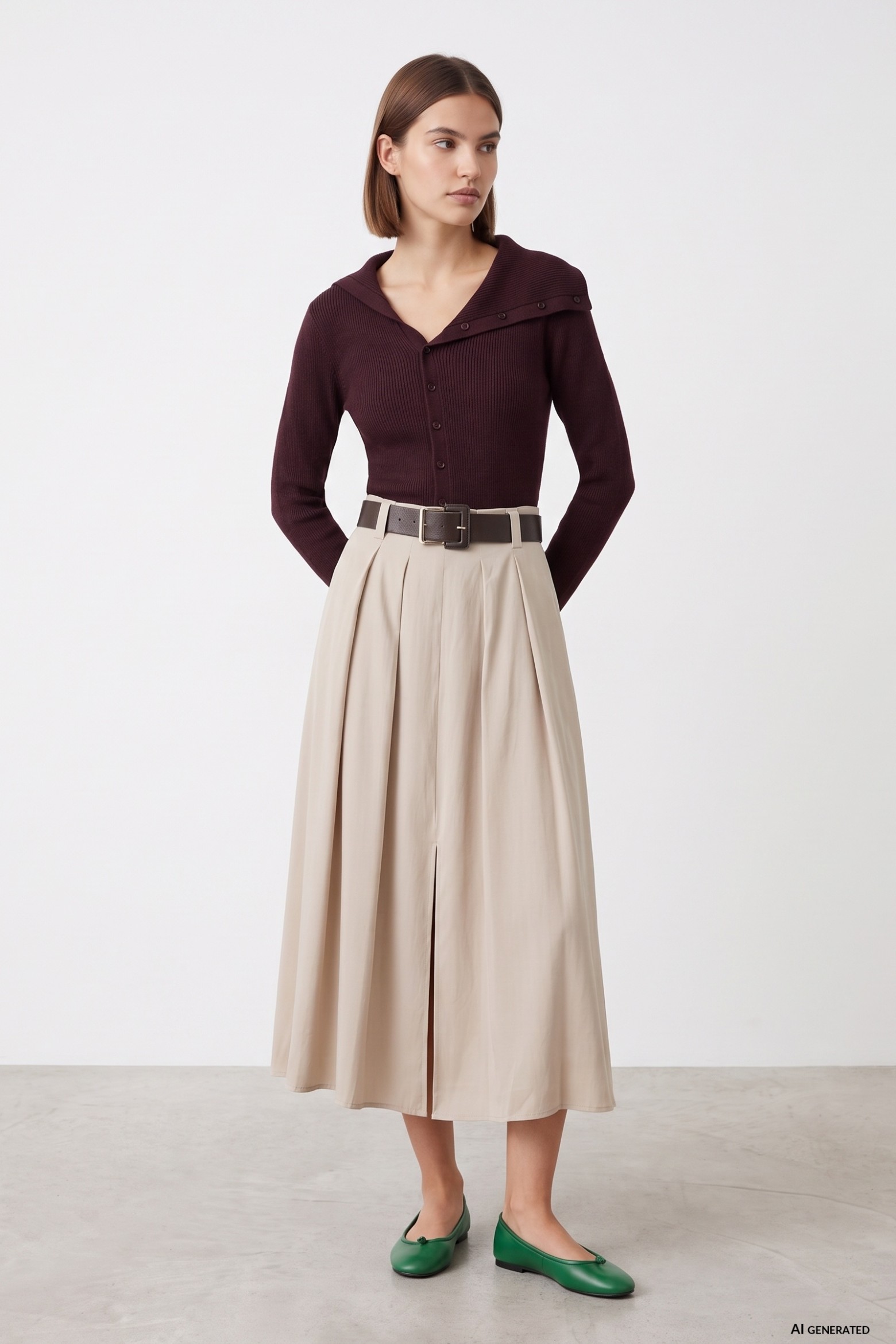 Beige Midi Skirt Pleated