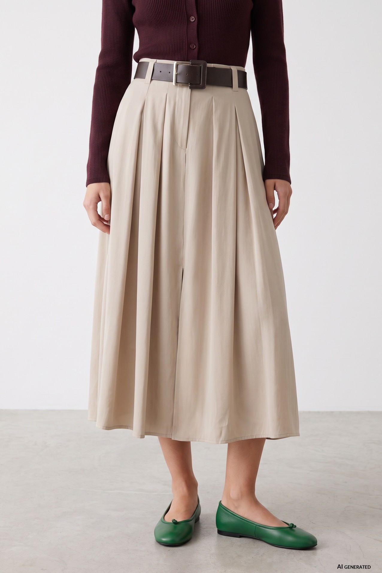 Beige Midi Skirt Pleated