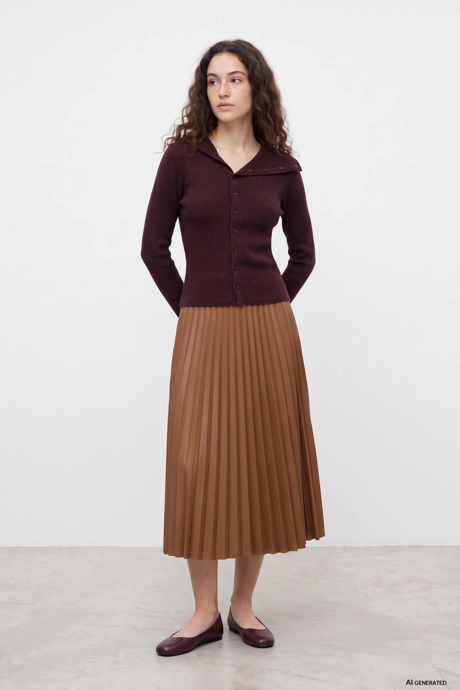 Brown Pleated Midi Skirt