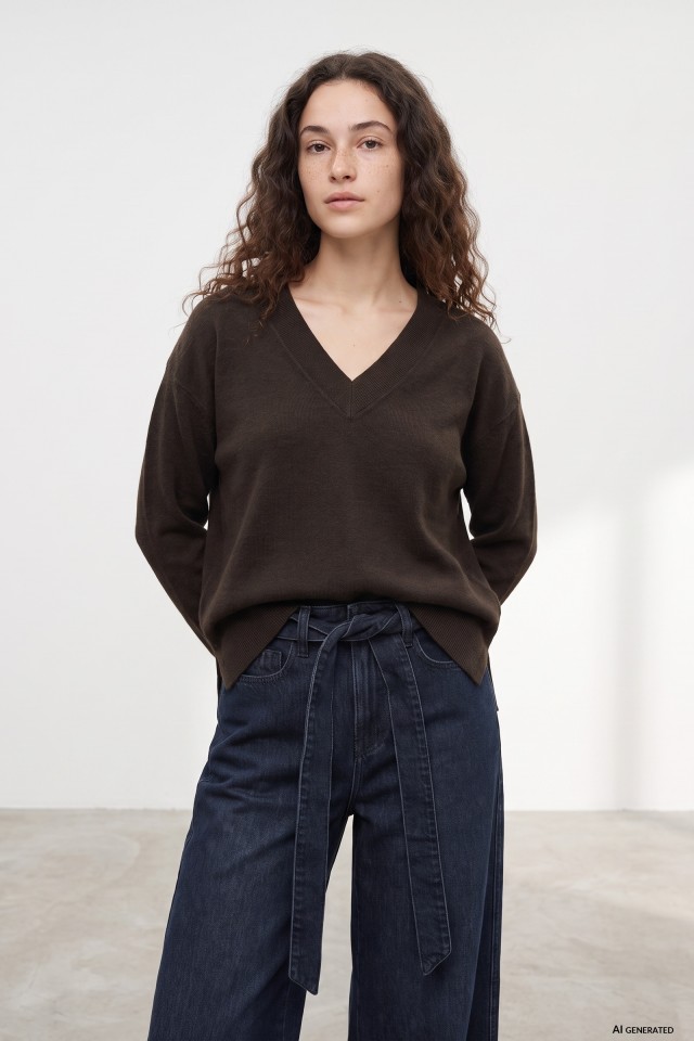Brown Relaxed V-Neck Sweater