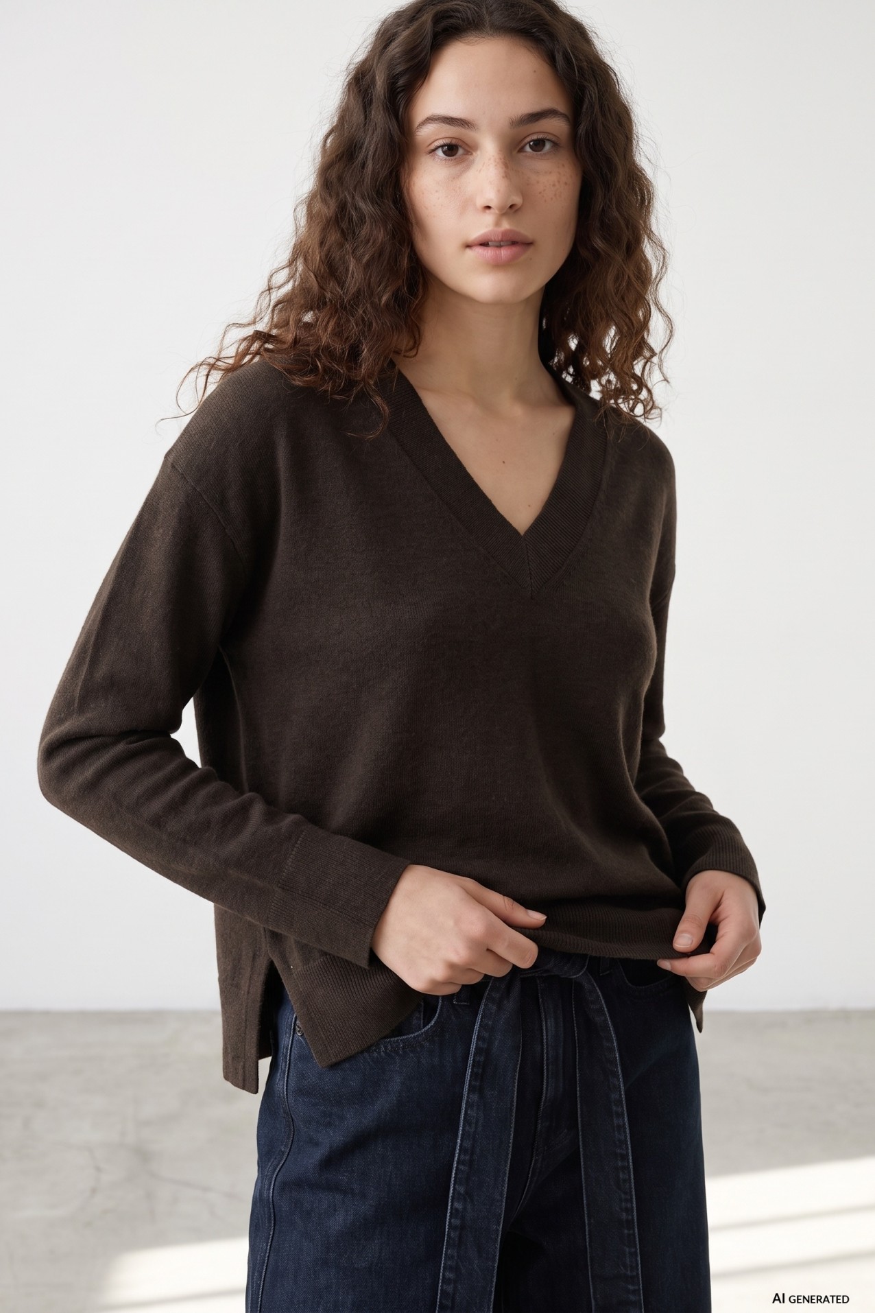 Brown Relaxed V-Neck Sweater