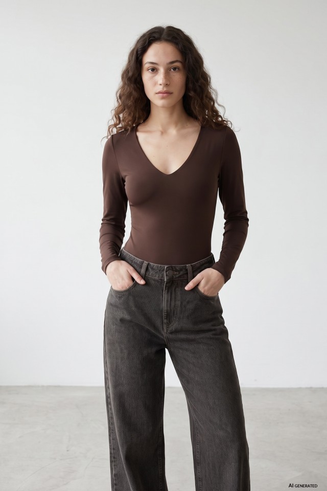Body marr�n ajustado manga larga