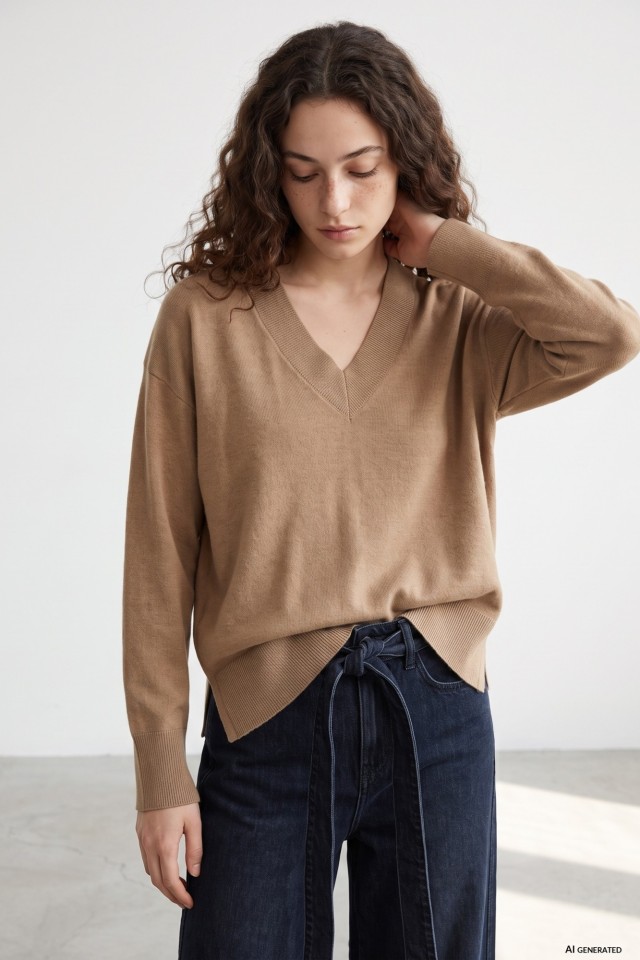 Brown V-neck Knit Sweater