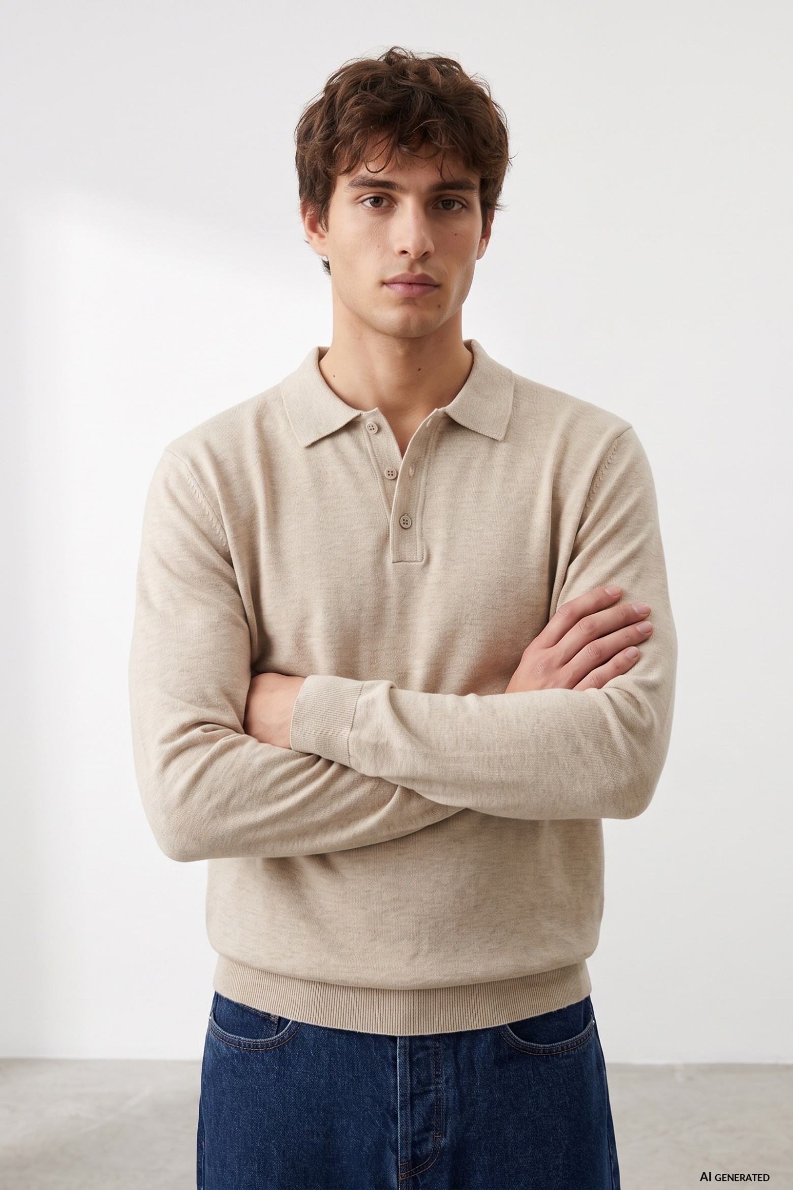 Beige Knit Long Sleeve Polo
