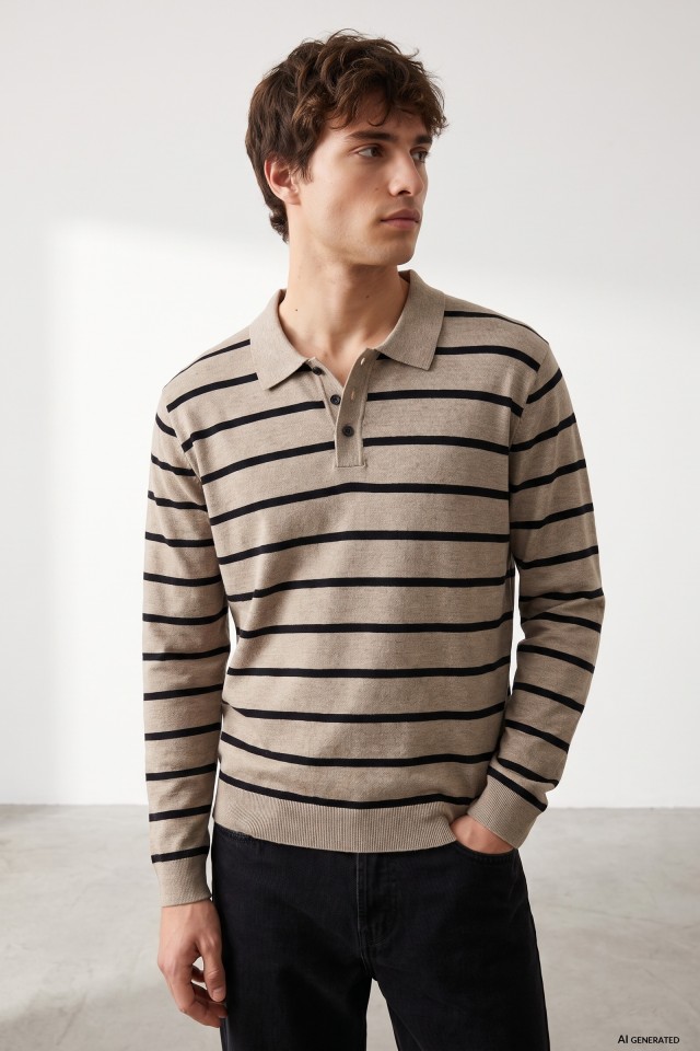 Brown Striped Knit Polo