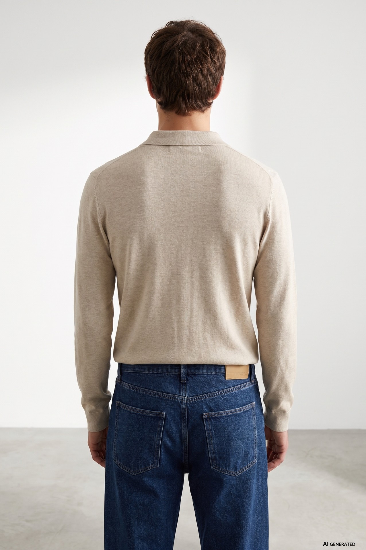 Beige Knit Long Sleeve Polo