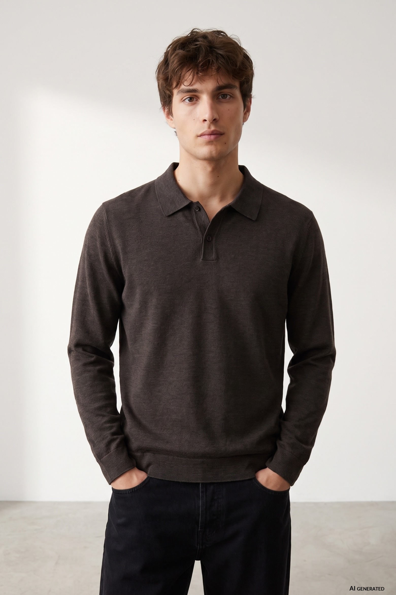 Brown Long-Sleeve Knit Polo