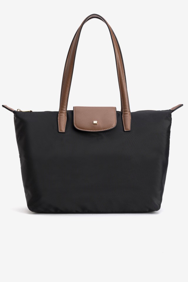 Black Tote Bag with Brown Straps