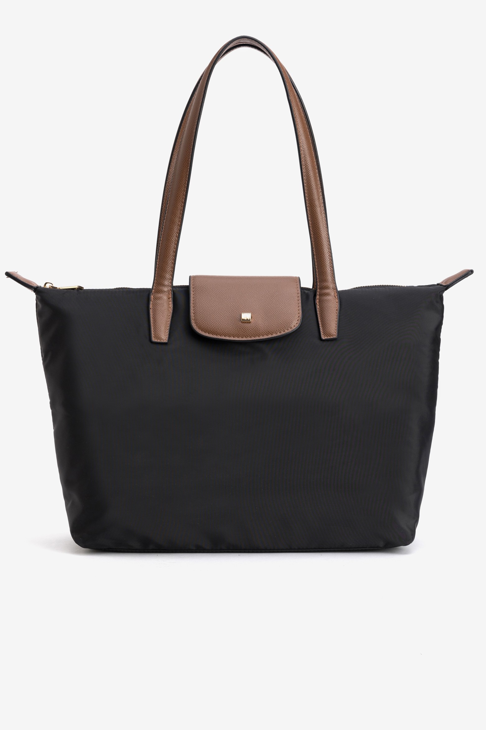 Black Tote Bag with Brown Straps