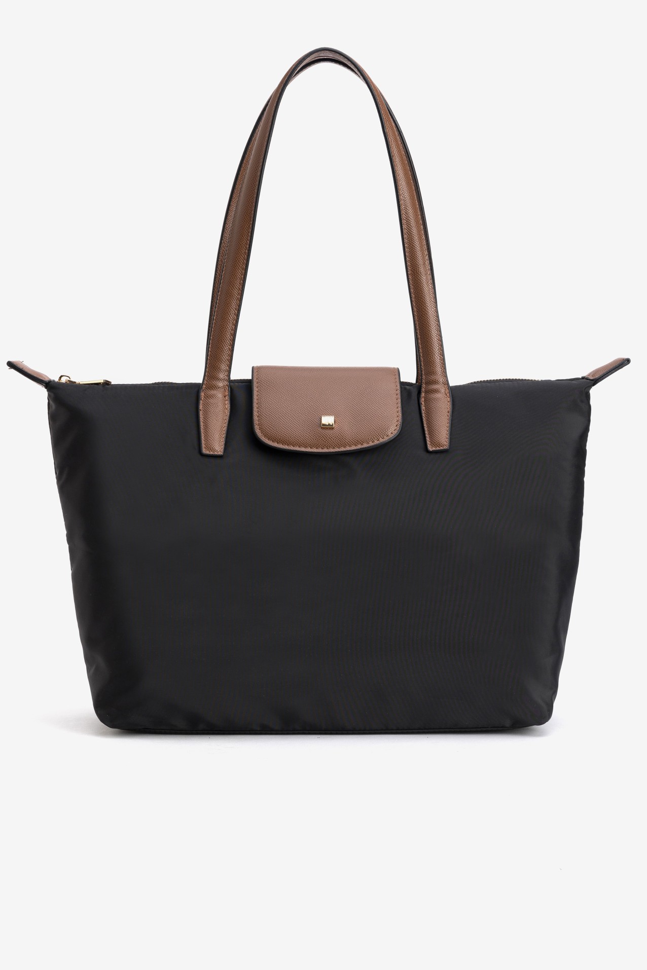 Black Tote Bag with Brown Straps