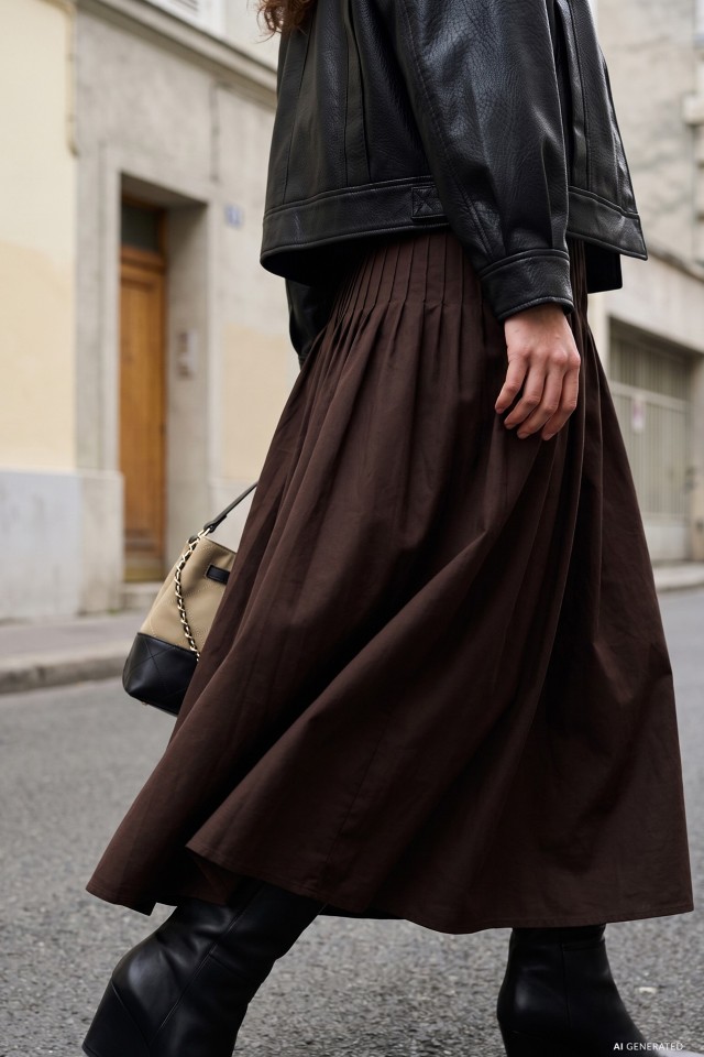 Brown Pleated Midi Skirt