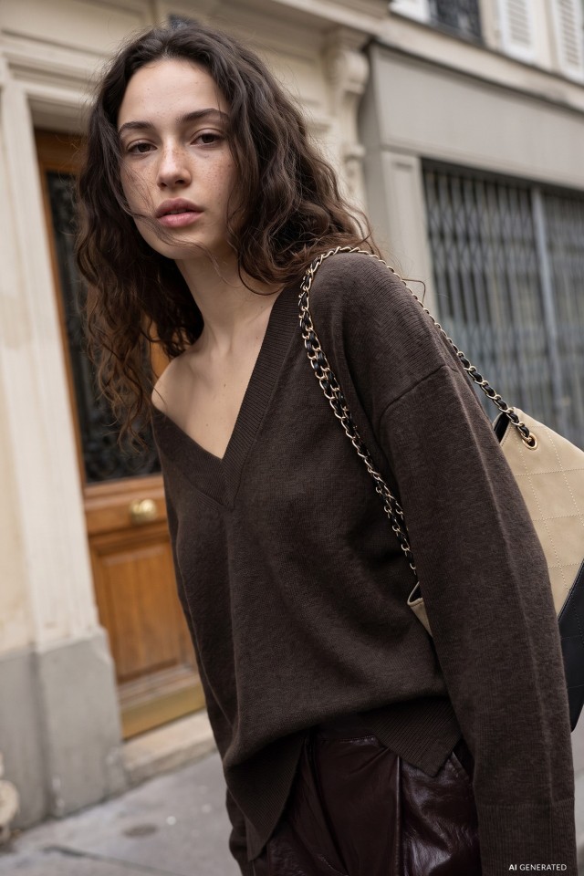 Brown Relaxed V-Neck Sweater