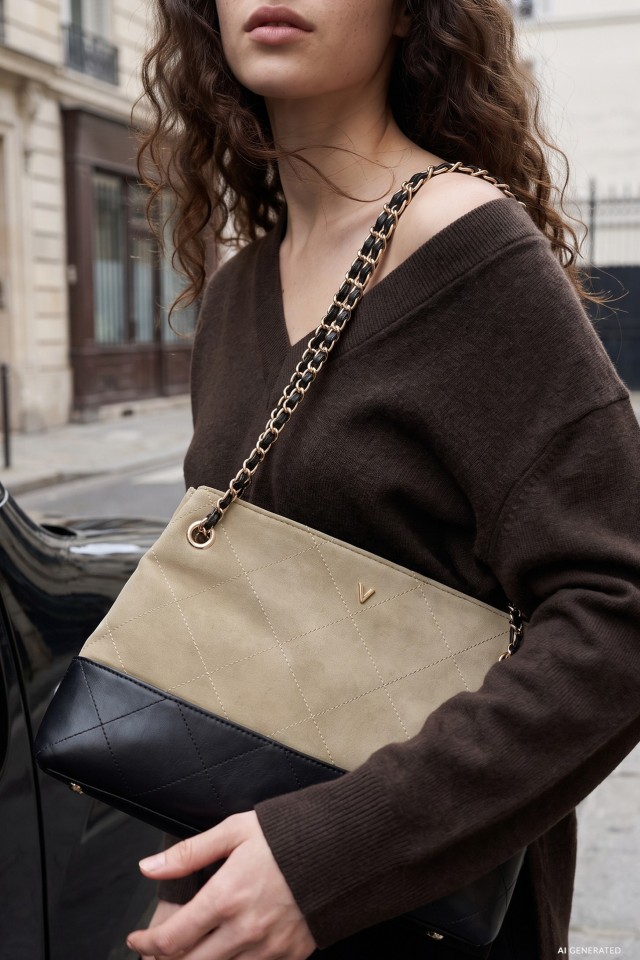 Beige and Black Quilted Bag