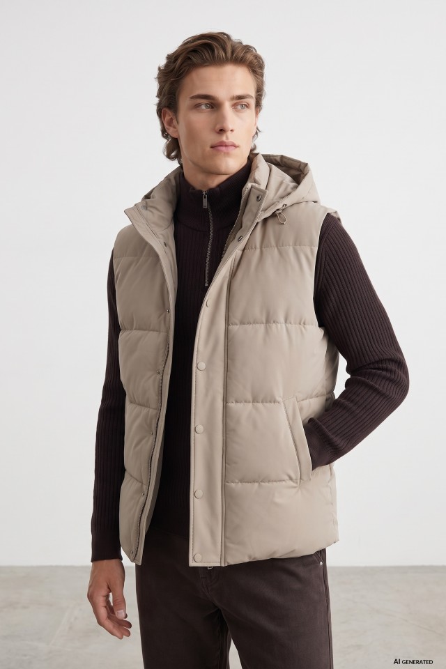 Beige Hooded Padded Vest