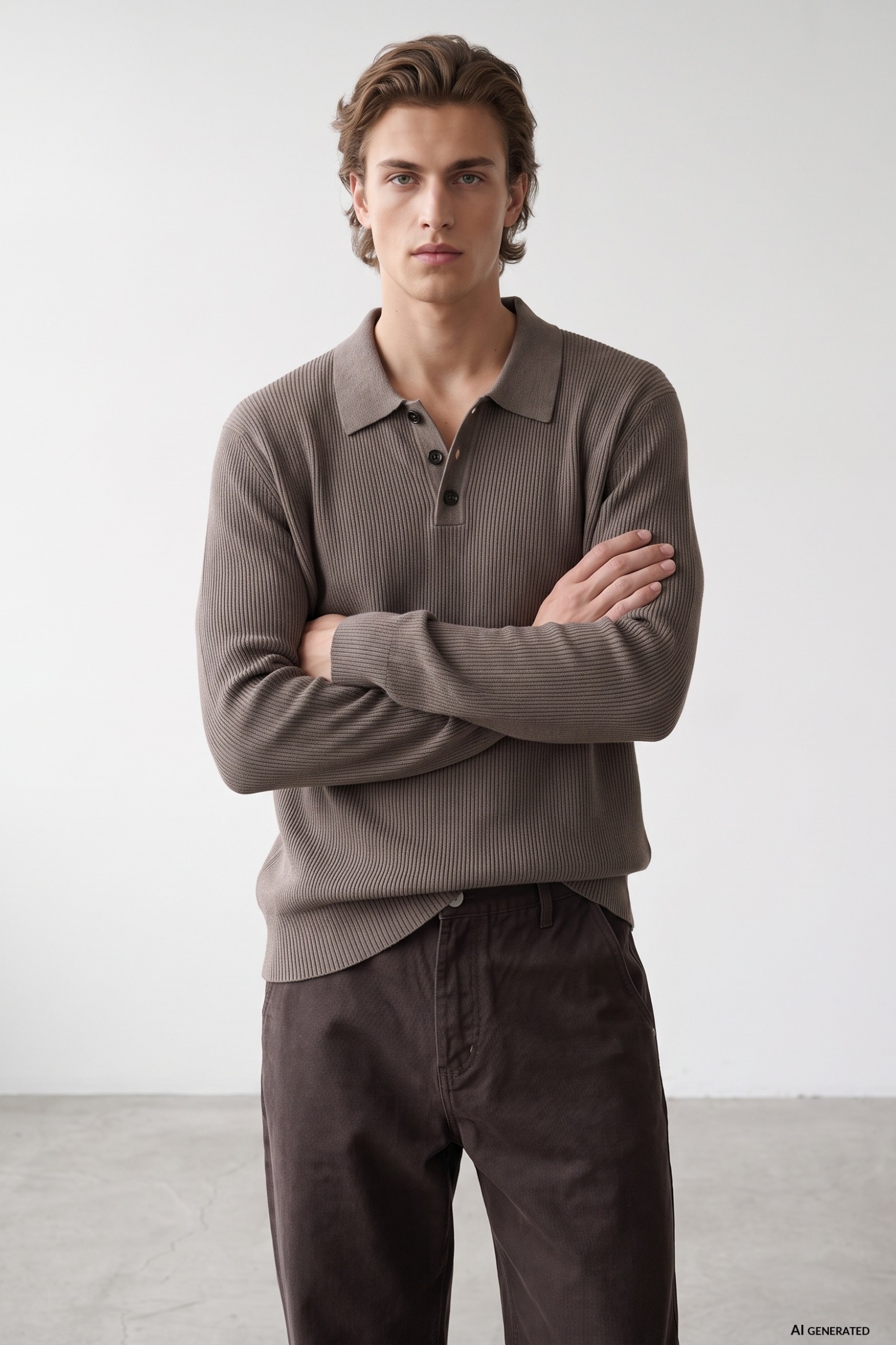 Brown Ribbed Knit Polo Sweater