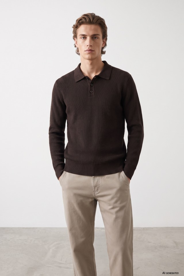 Brown Knit Polo Sweater