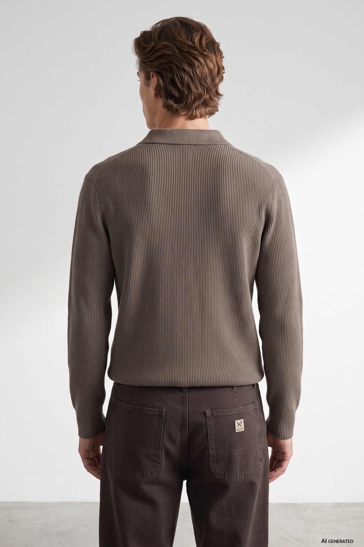 Brown Ribbed Knit Polo Sweater