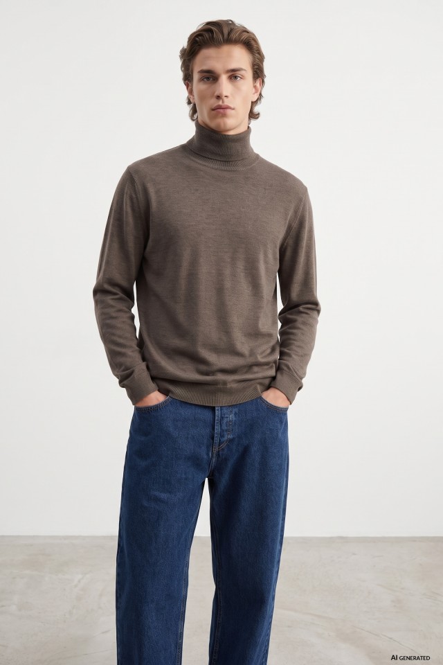 Brown-Grey High-Neck Knit Sweater