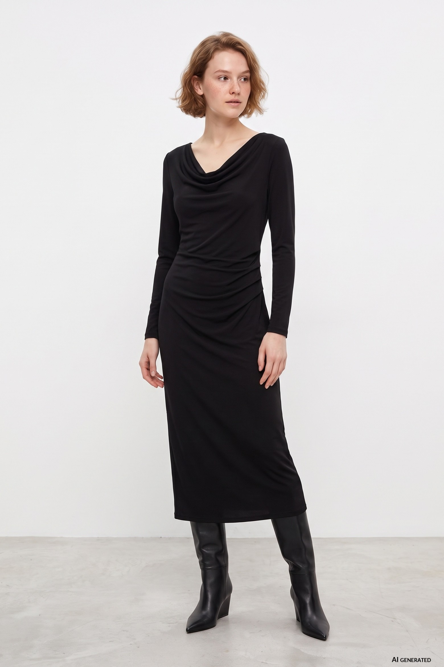 Black Draped Midi Dress