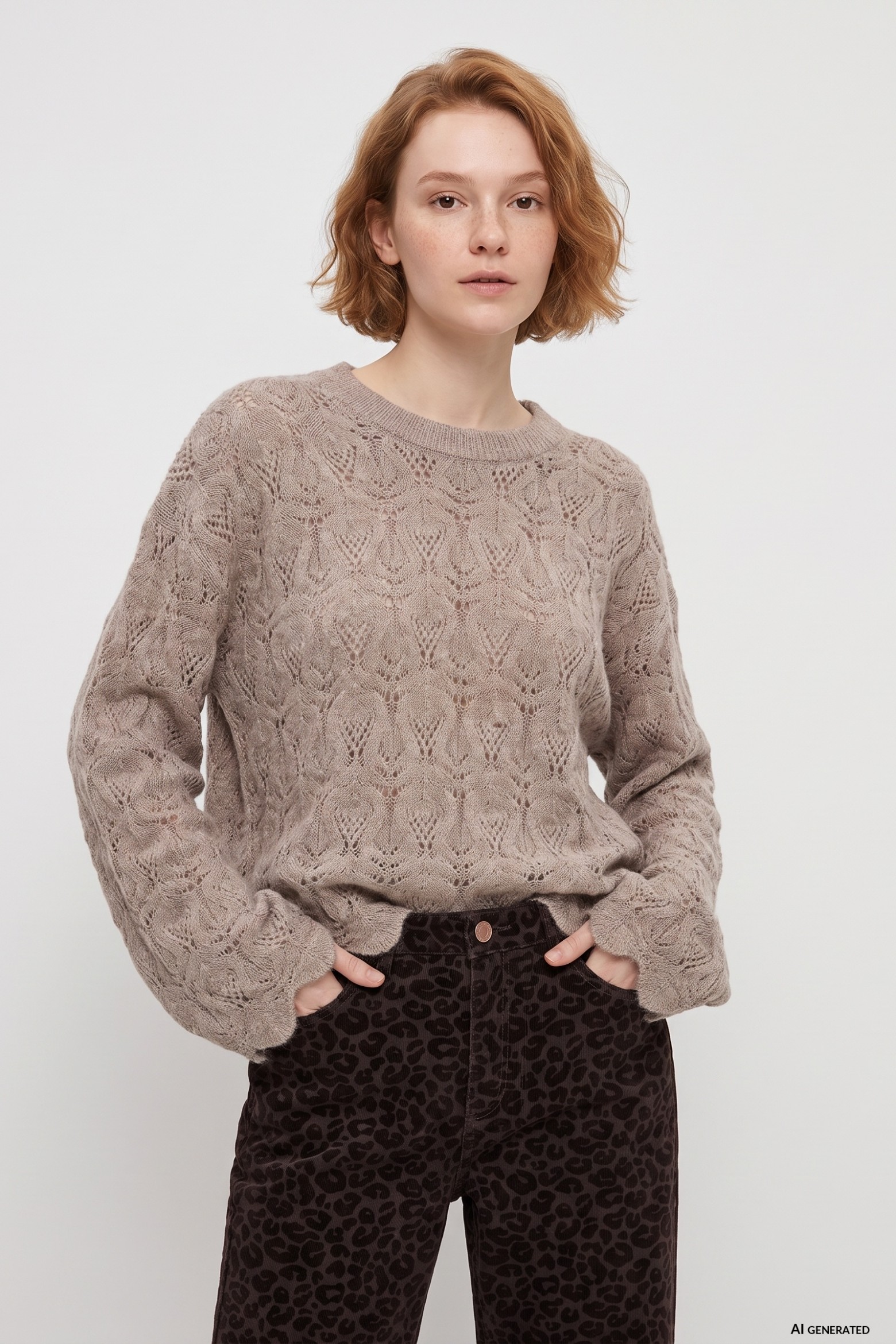 Beige Openwork Knit Sweater