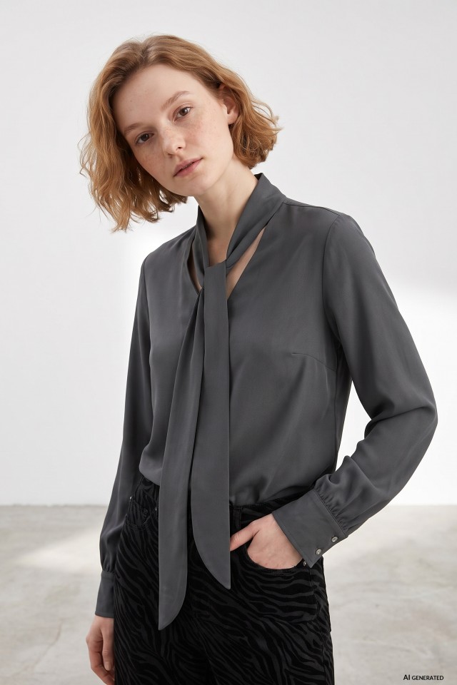 Grey Tie-Neck Blouse