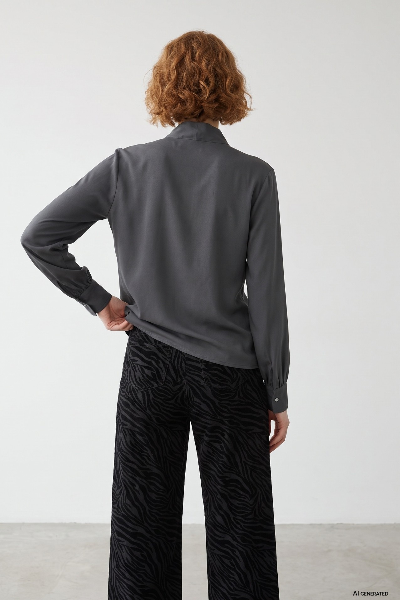 Grey Tie-Neck Blouse