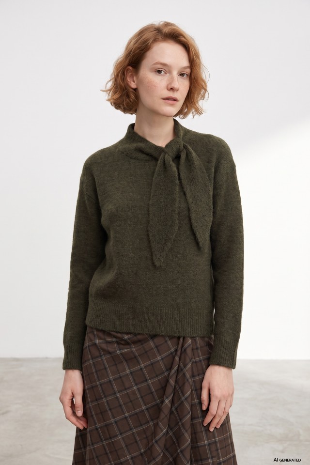 Olive Tie-Neck Knit Sweater