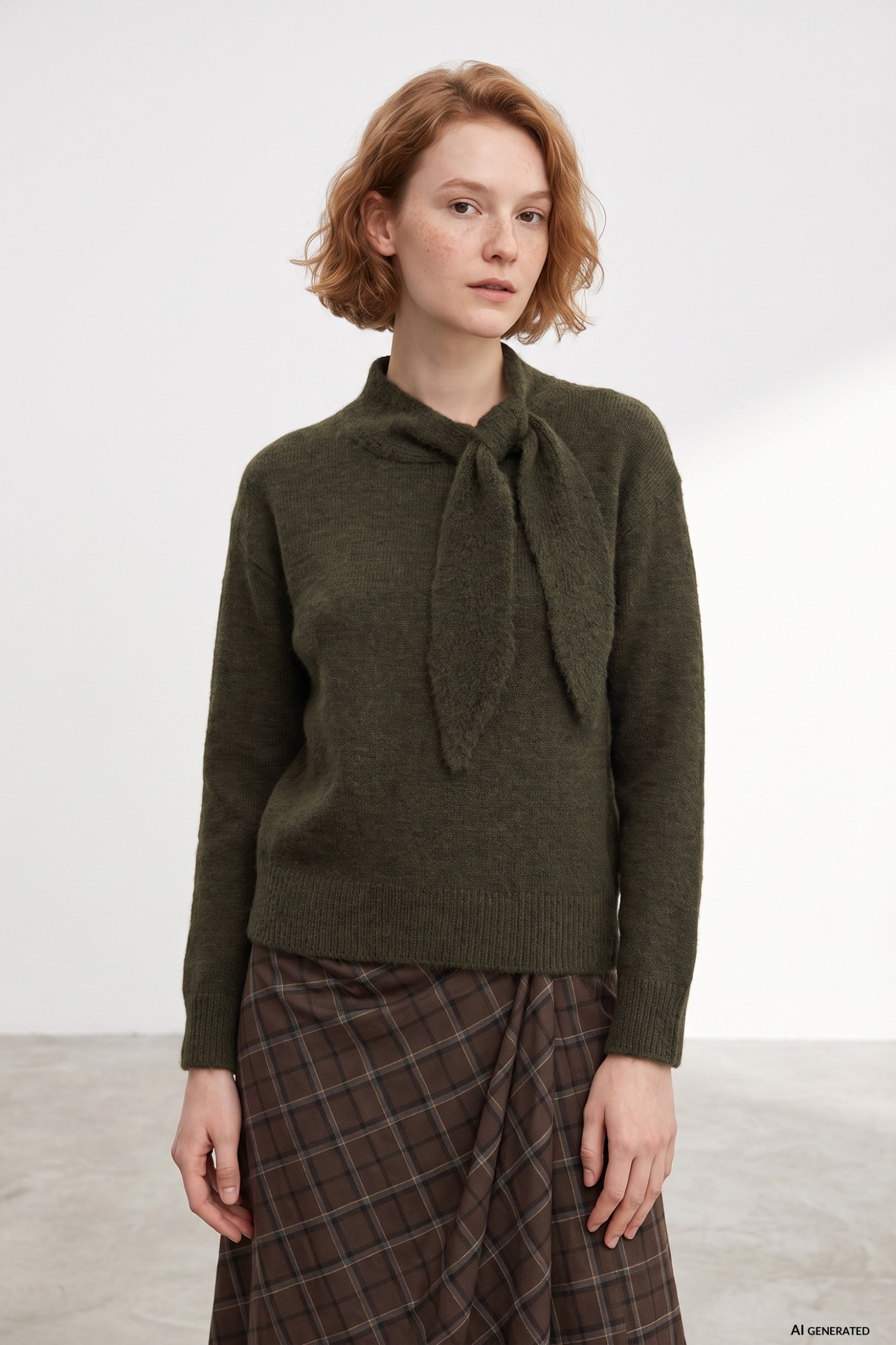 Olive Tie-Neck Knit Sweater