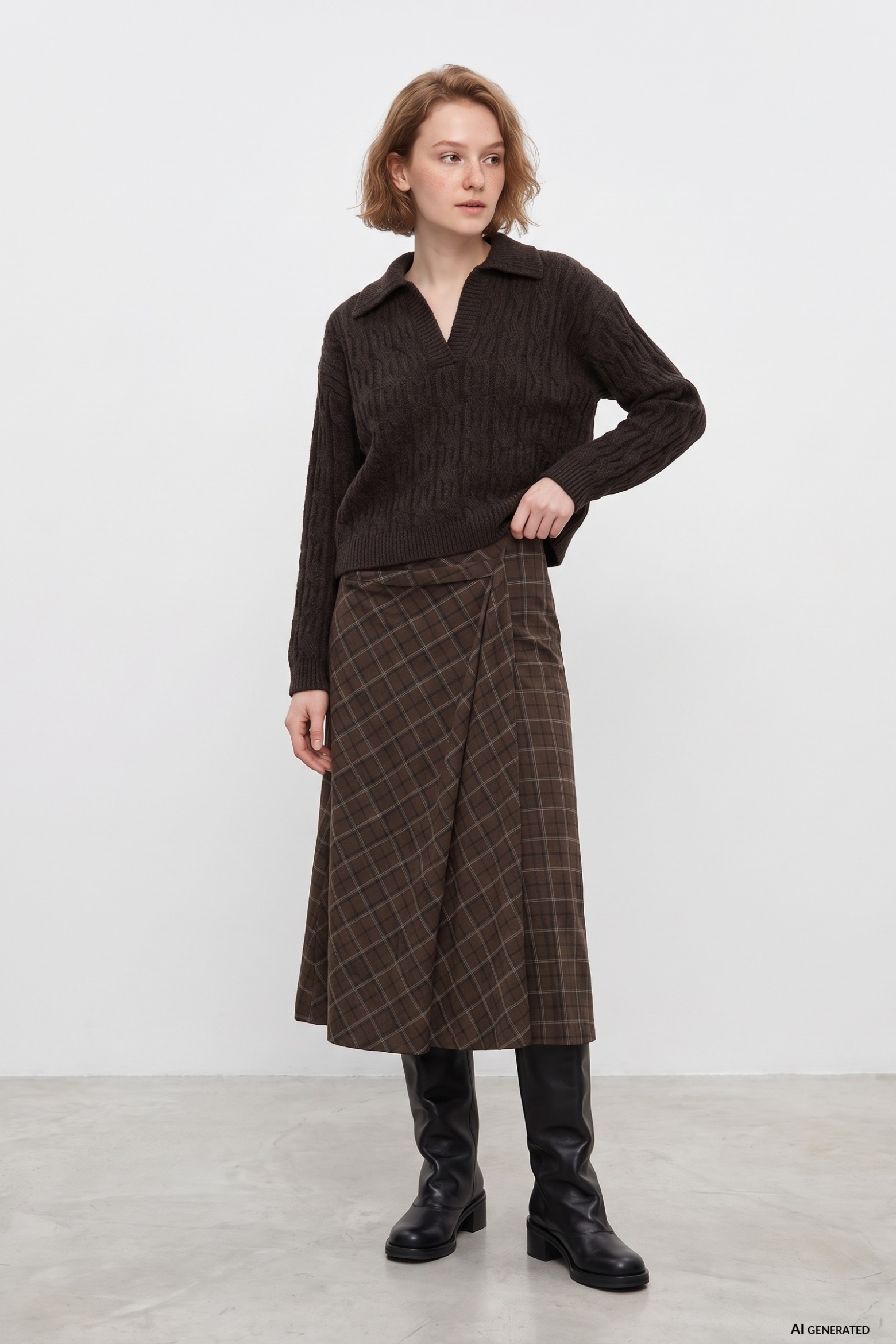 Brown Plaid Midi Skirt